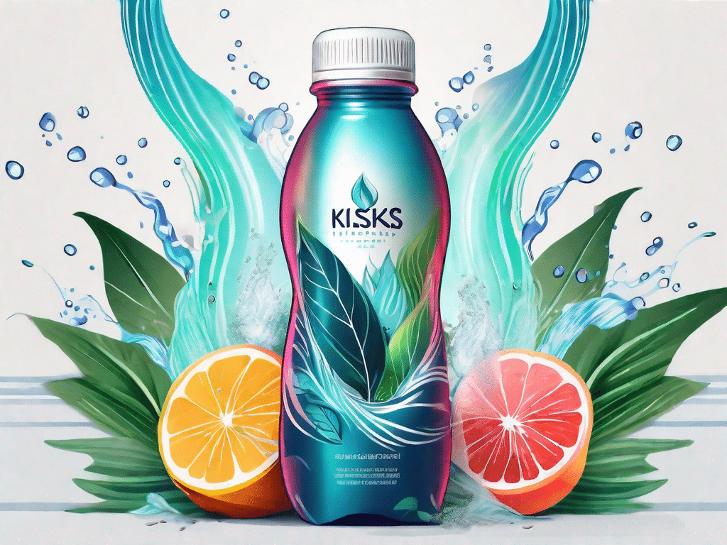 A bottle of flowkiss water with vibrant energy waves emanating from it