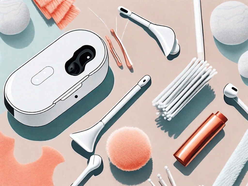 Airpods and a variety of cleaning tools such as a soft brush
