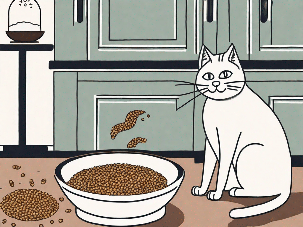 A cat examining a bowl of grain-free cat food with curiosity