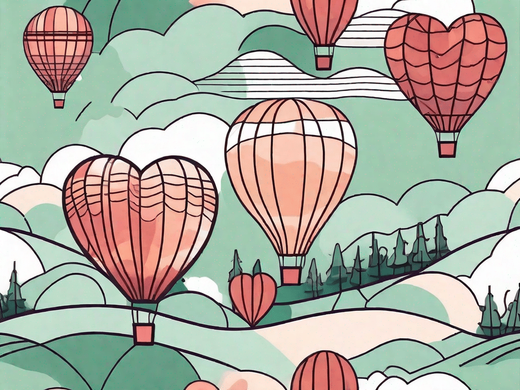 A heart-shaped hot air balloon floating over a vibrant landscape