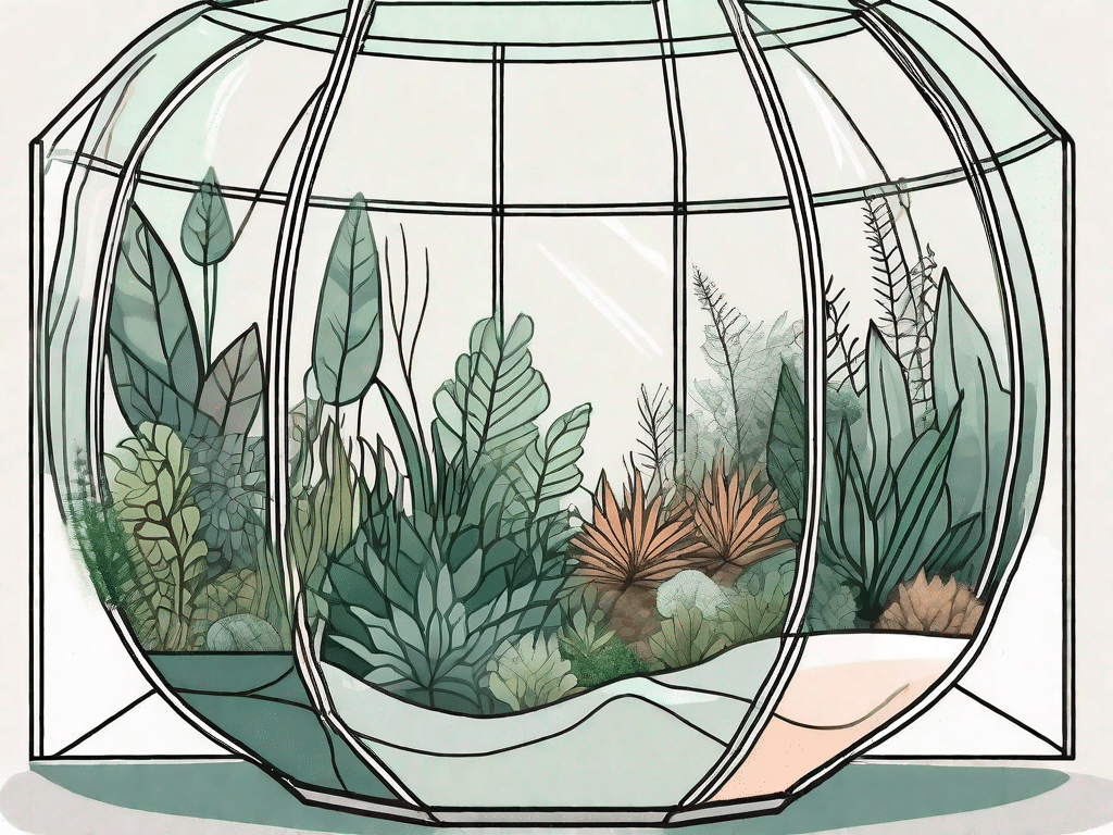 A glass terrarium with various types of plants inside