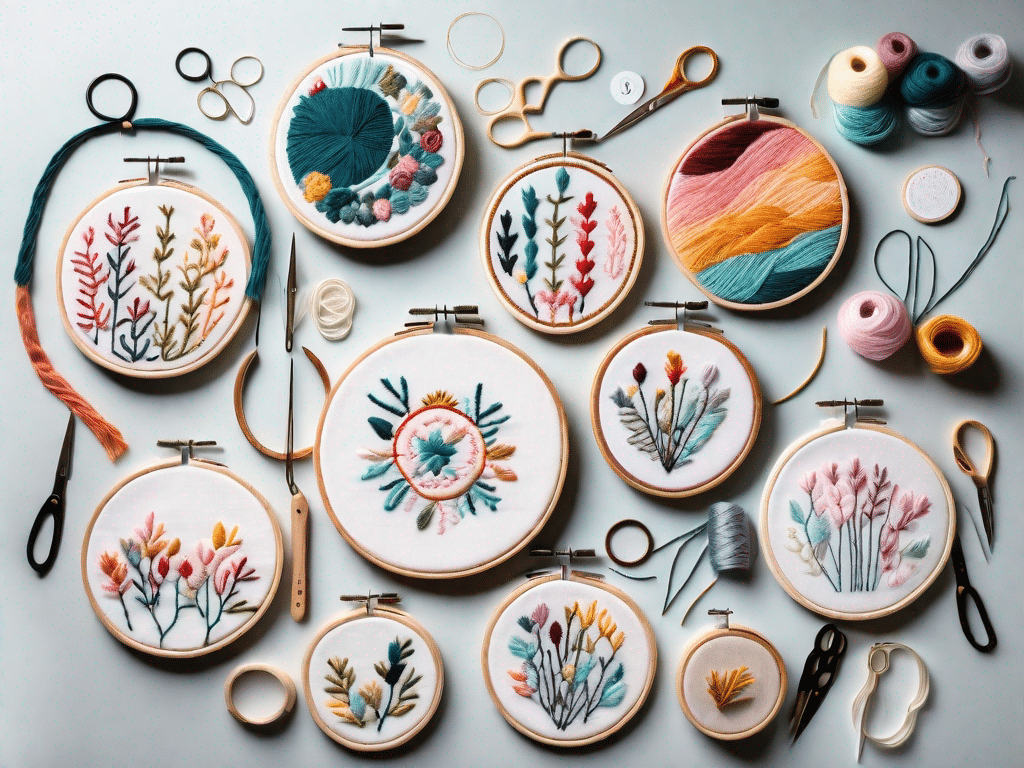 A variety of colorful embroidery designs on fabric hoops