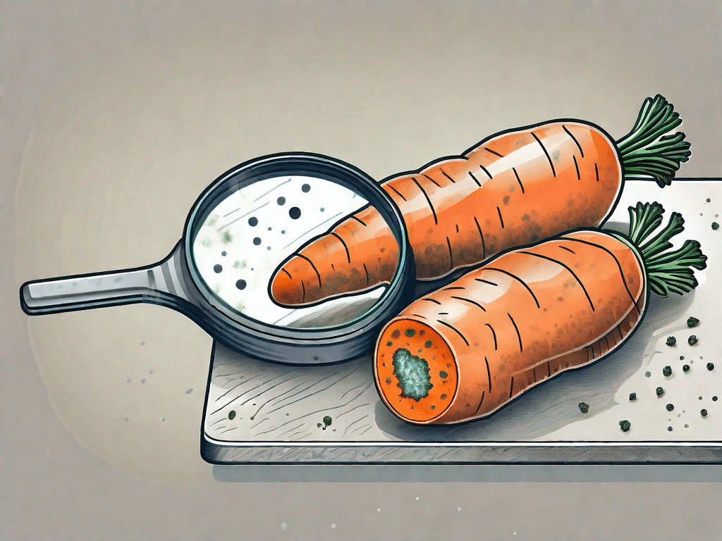 A moldy carrot lying on a cutting board with a magnifying glass highlighting the mold spores