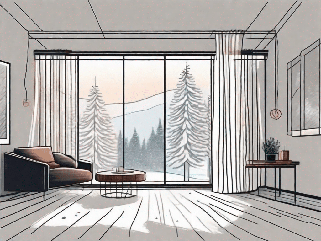 A cozy room with large windows covered by thick