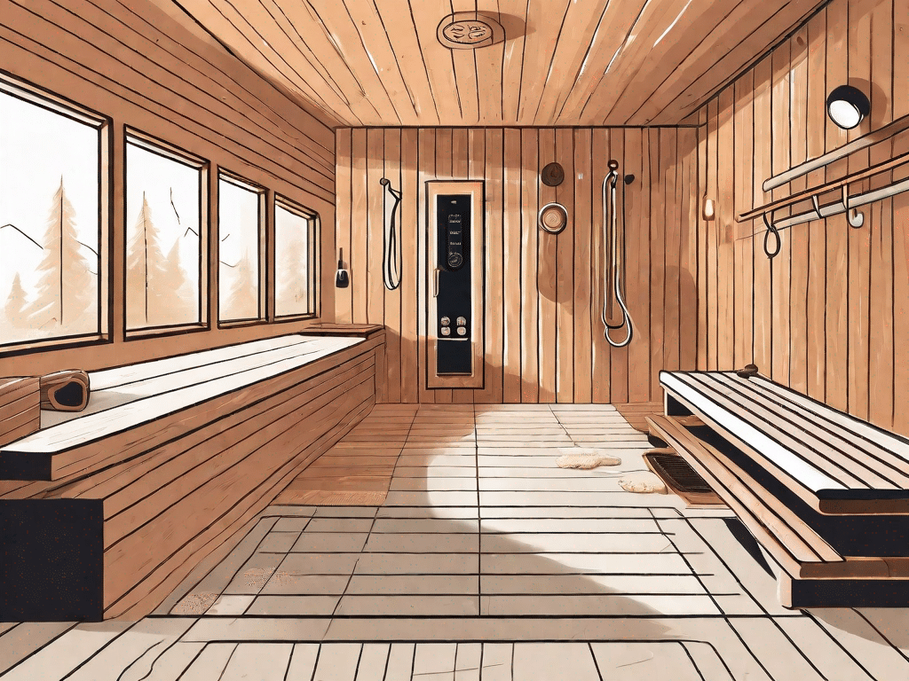 A sauna interior with different safety features like a thermometer