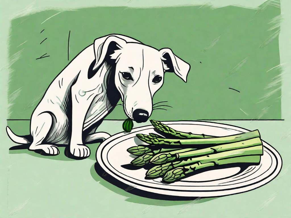 A curious dog sniffing a bunch of asparagus on a plate