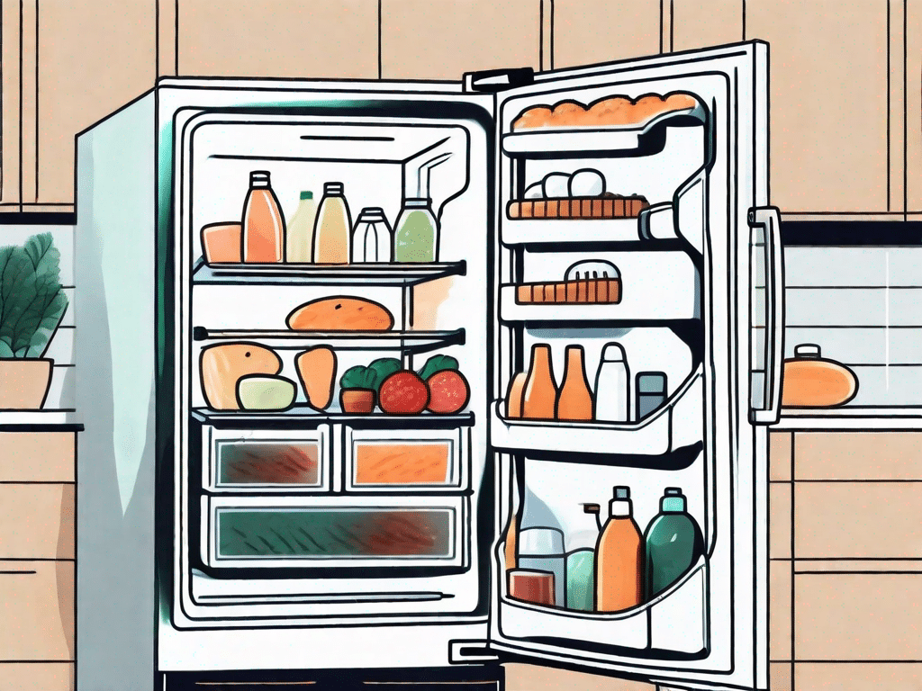 An open refrigerator with various natural cleaning tools like vinegar