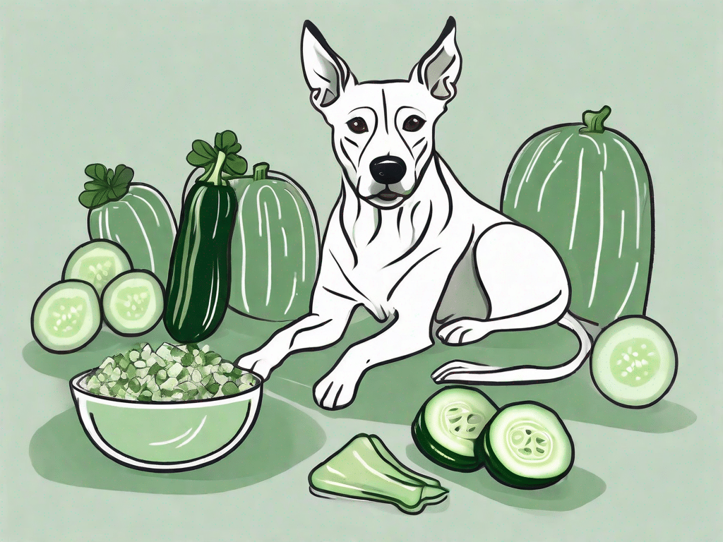 A dog happily munching on a cucumber