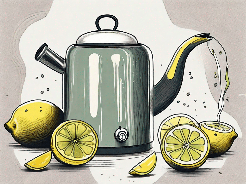 A kettle with limescale build-up being cleaned using natural ingredients like vinegar and lemon slices