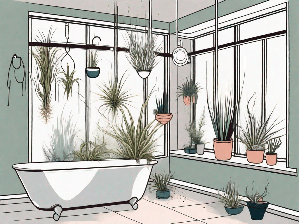 A variety of tillandsia plants thriving in a humid bathroom environment