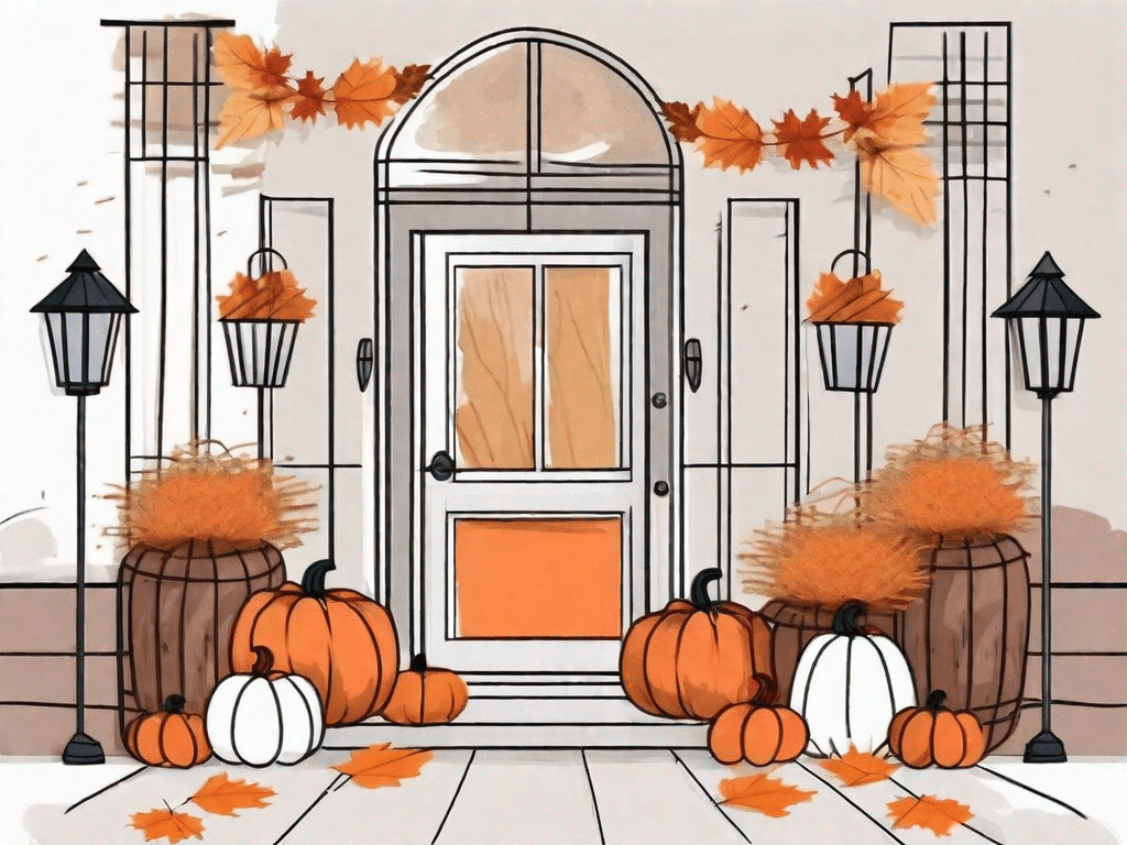 A home entrance beautifully decorated with autumn elements such as pumpkins