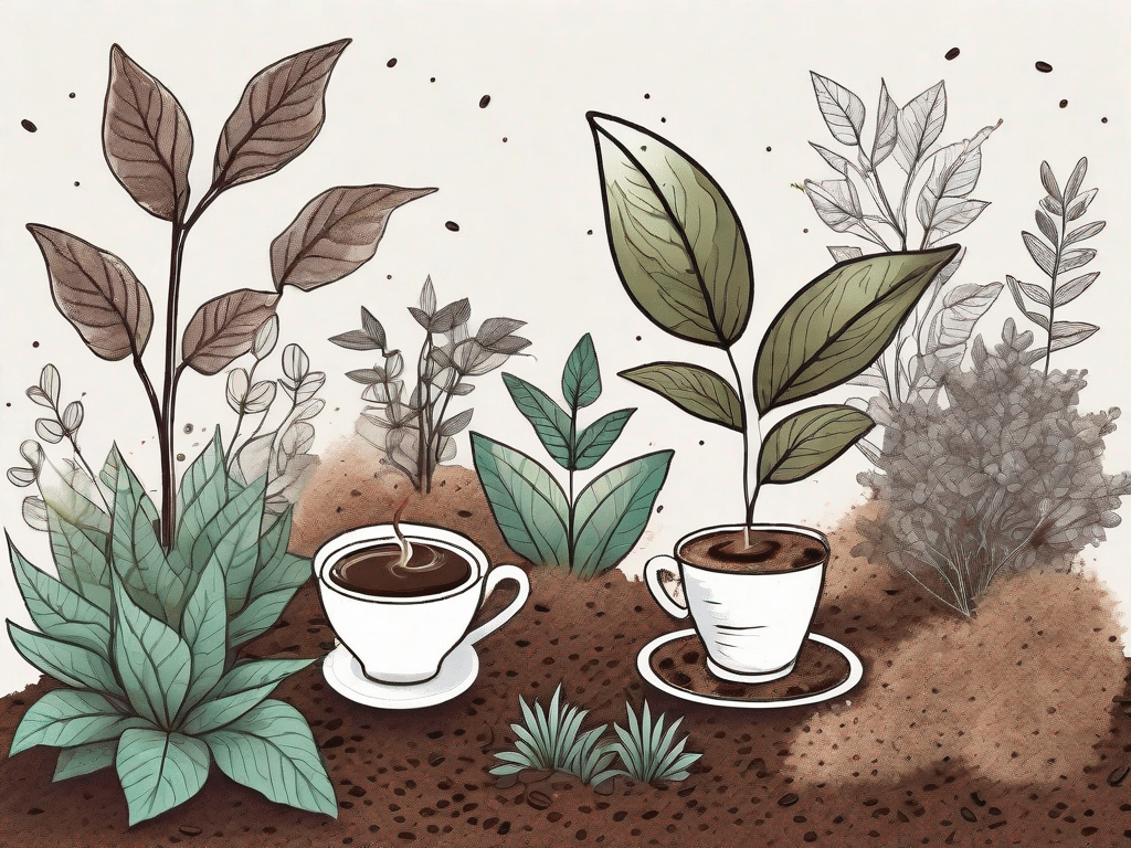 Various plants flourishing in a garden with coffee grounds sprinkled around them