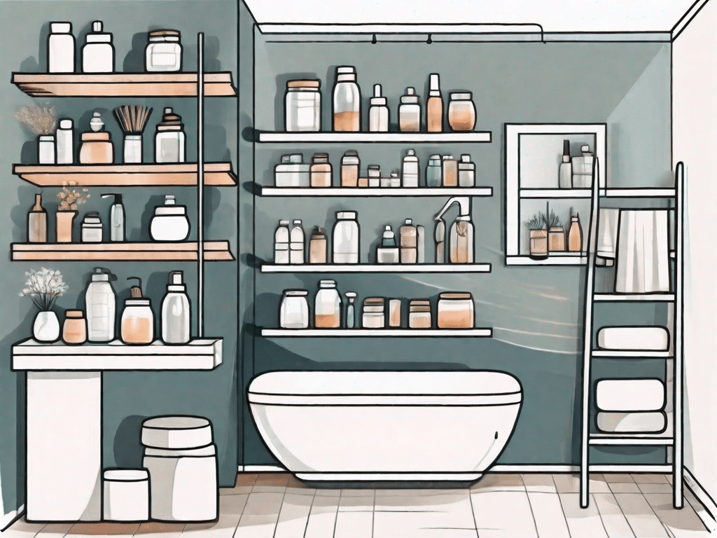 A well-organized bathroom featuring various creative and stylish storage solutions such as floating shelves