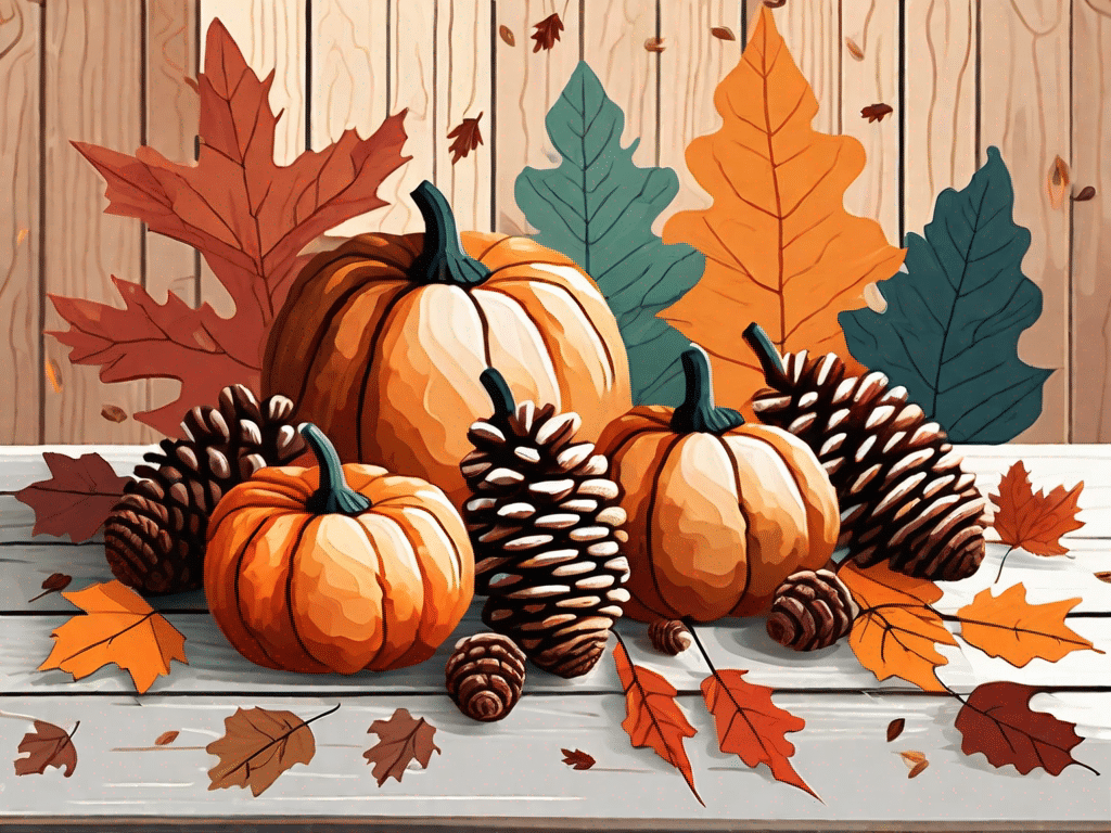 Various autumn-themed crafts such as leaf paintings