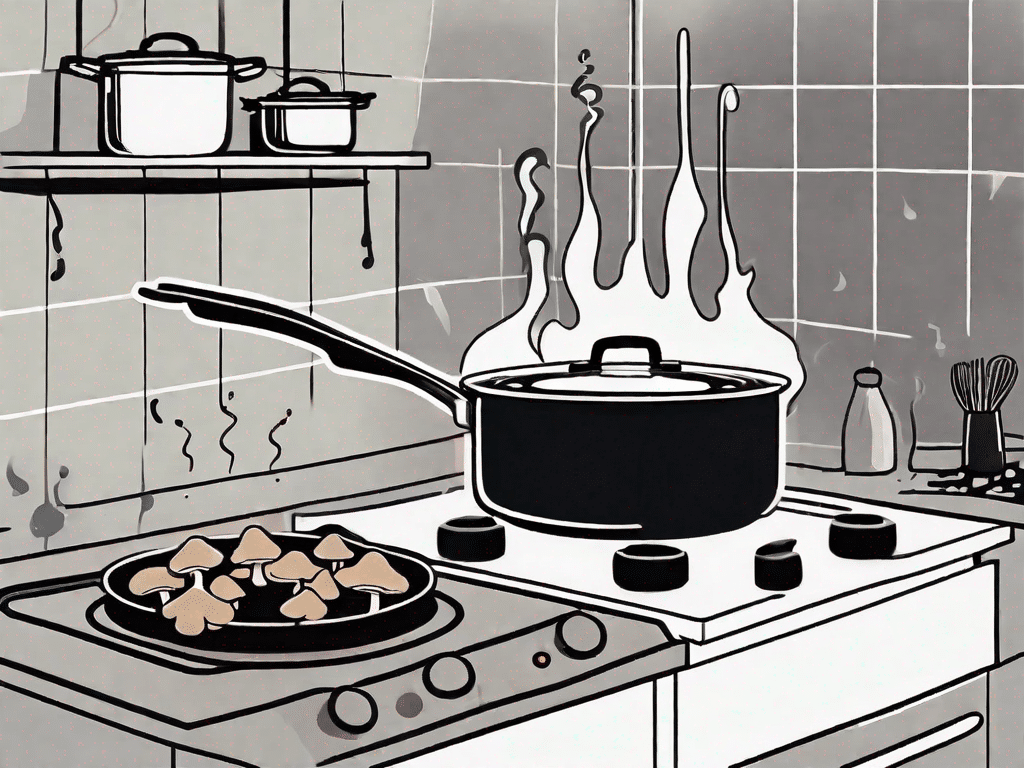 A kitchen scene with a pan on a stove