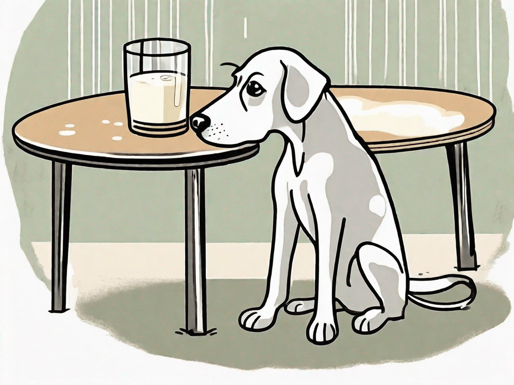 A curious dog looking at a glass of milk on a table