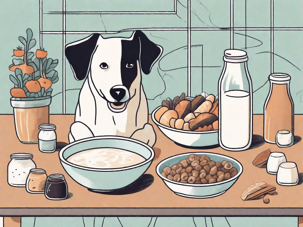 A curious dog looking at a bowl of milk