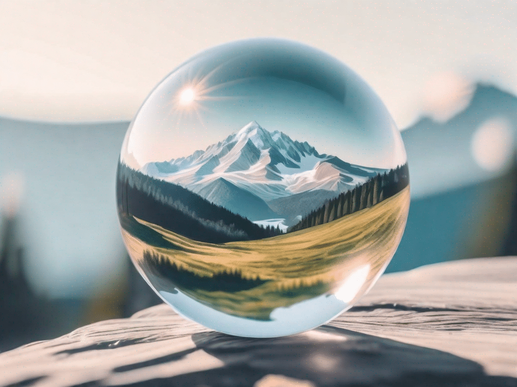 A camera focusing on a crystal-clear lensball that beautifully refracts a scenic landscape