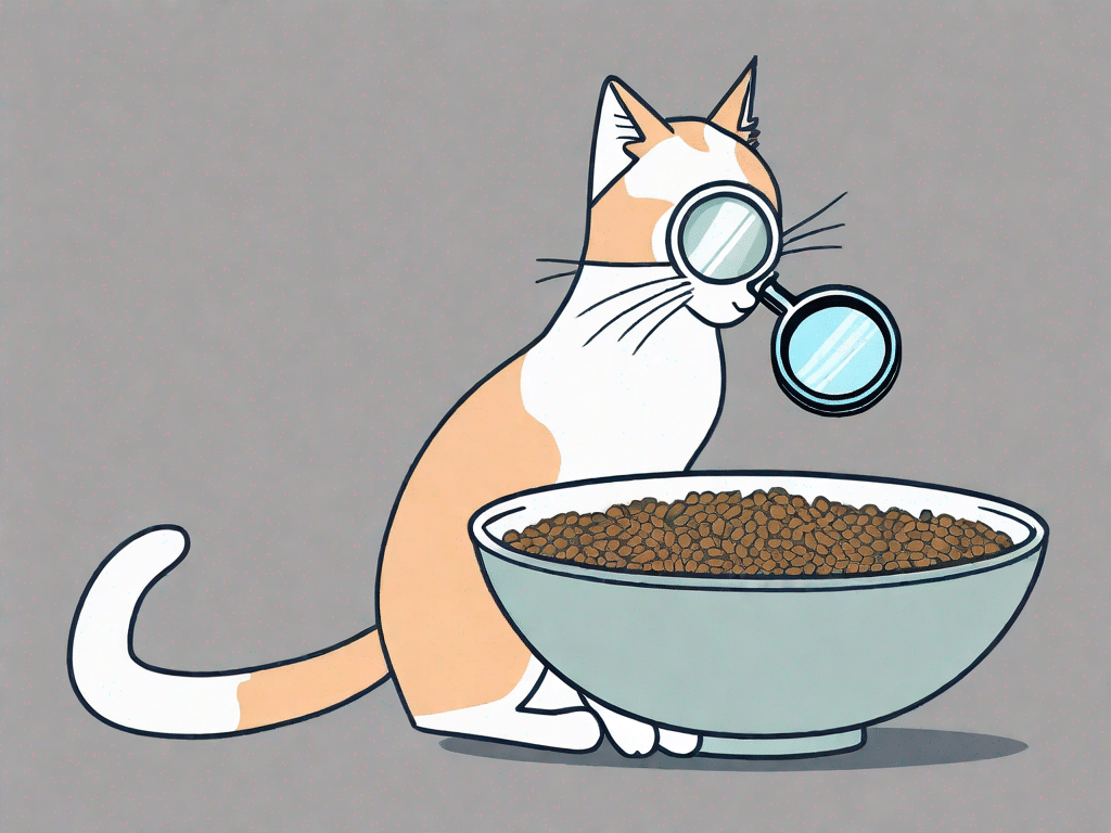A cat examining a bowl of dry cat food with a magnifying glass