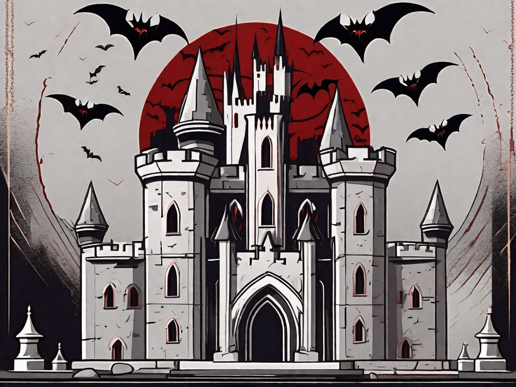 A gothic-style castle shrouded in darkness with bats flying overhead