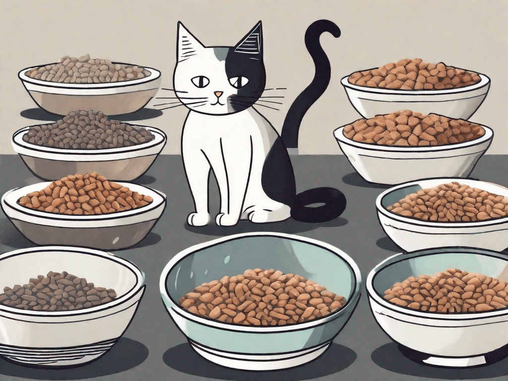 Several different types of dry cat food in various bowls