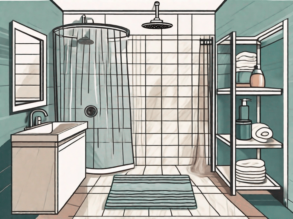 A well-organized bathroom with a shower showing various shower essentials like a showerhead