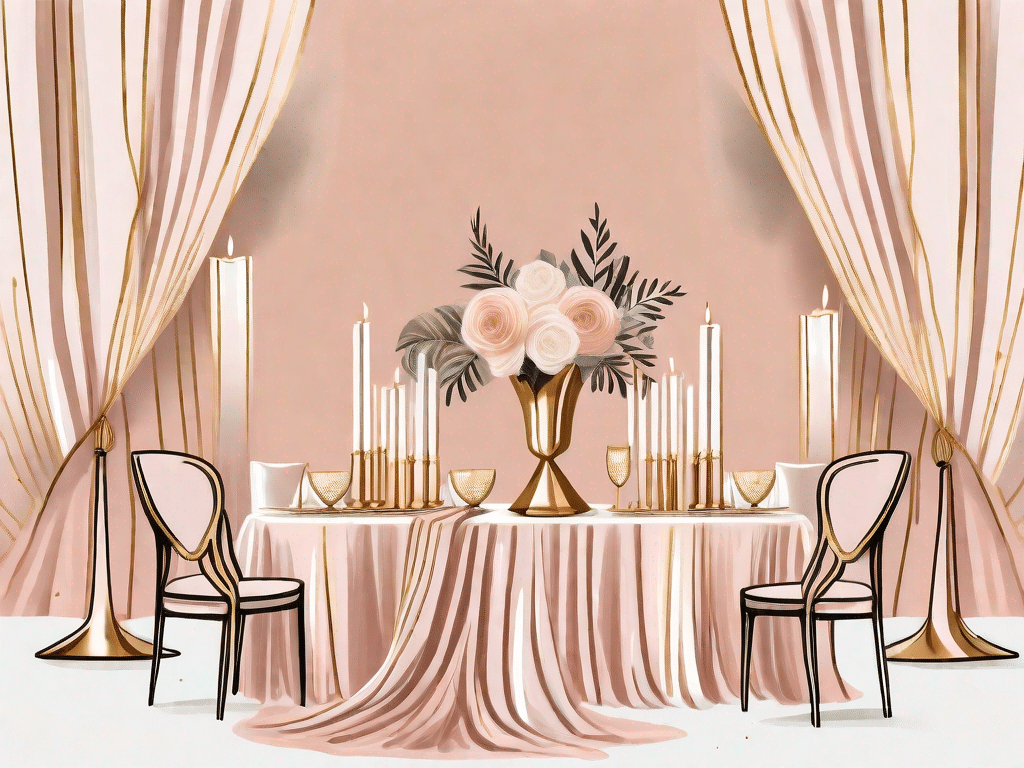 An elegant venue setting featuring blush-colored drapes
