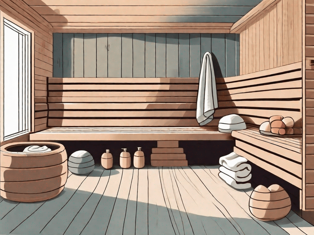 A sauna interior with children's toys and towels