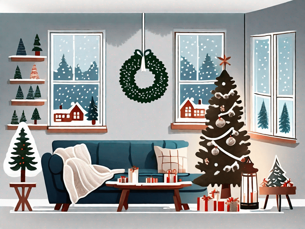 A cozy home interior with seven different winter-themed diy decorations such as a snowflake garland