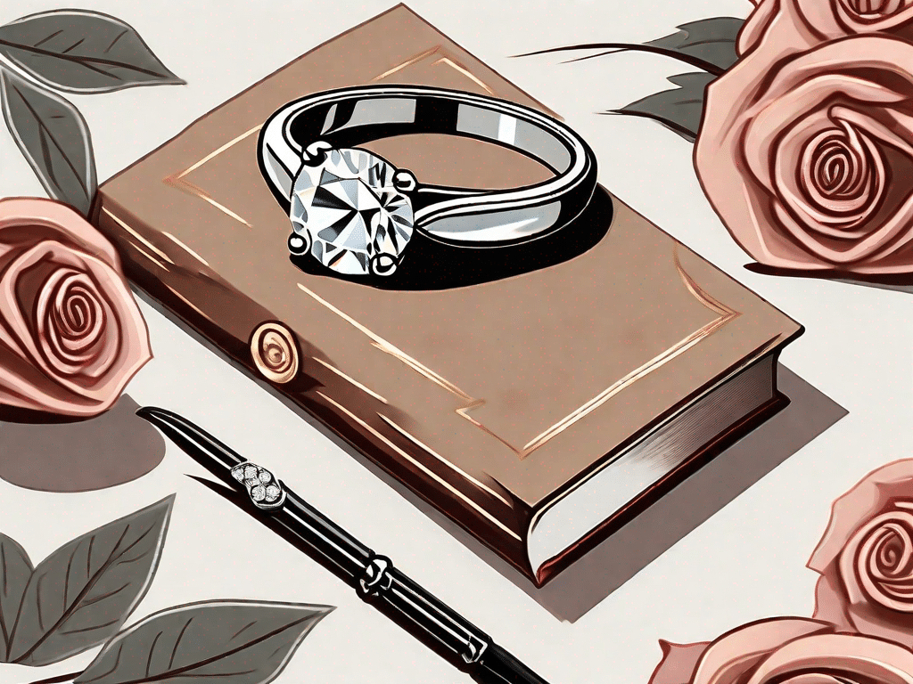 A diamond wedding ring beautifully placed on a vintage book with a blooming rose and a quill pen beside it