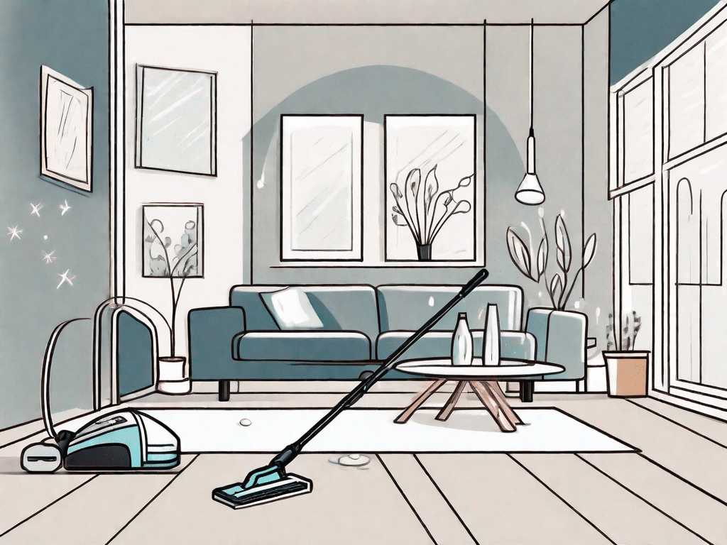 A sparkling clean living room with various cleaning tools like a mop