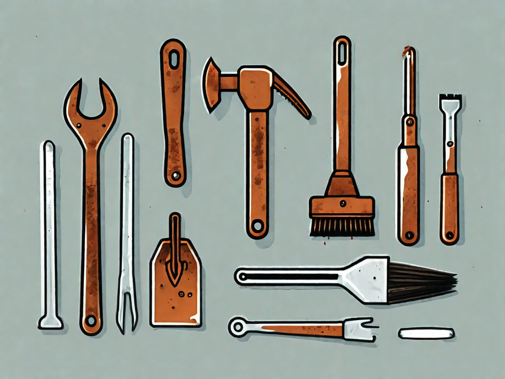 A set of rusted metal tools next to a shiny