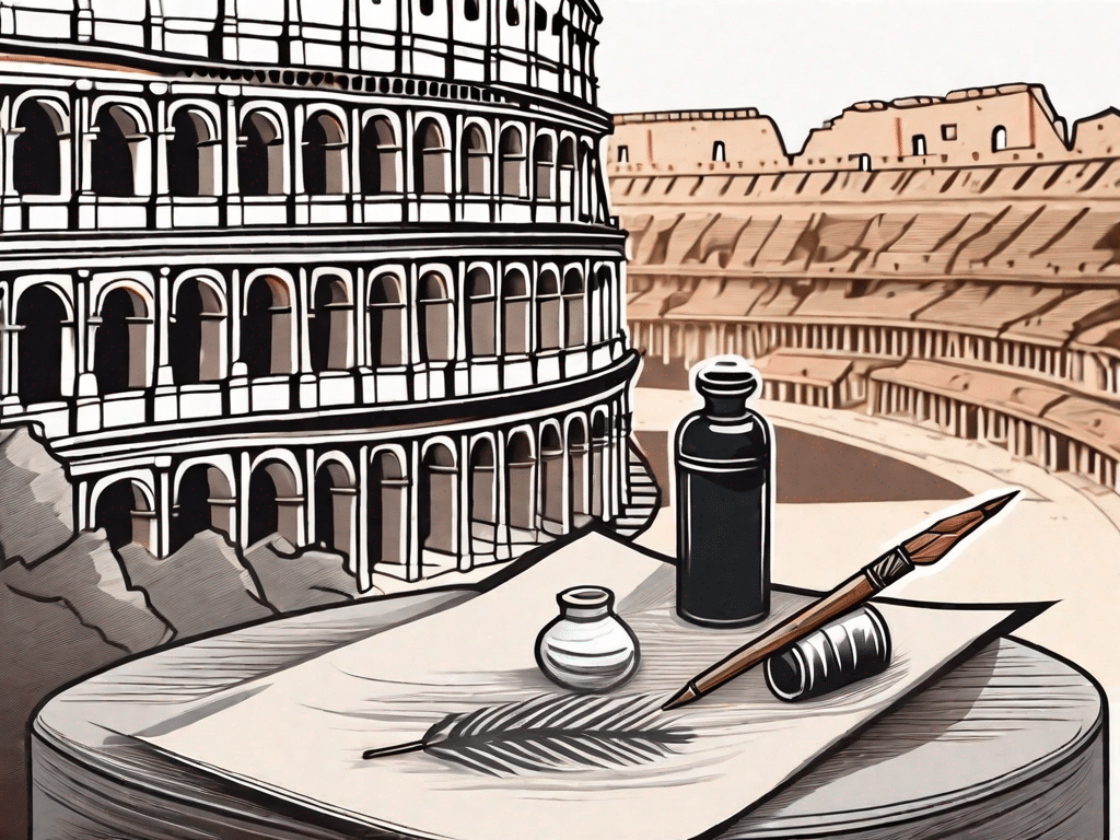 An ancient roman scroll unrolled with a quill pen and an ink pot nearby