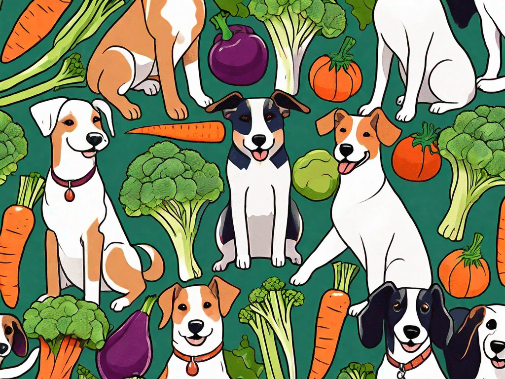 Several dogs happily munching on a variety of colorful vegetables