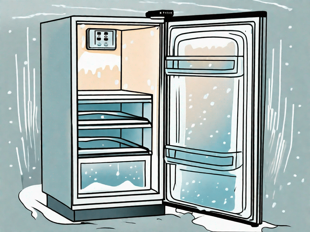 A freezer door slightly open with frost and icicles inside