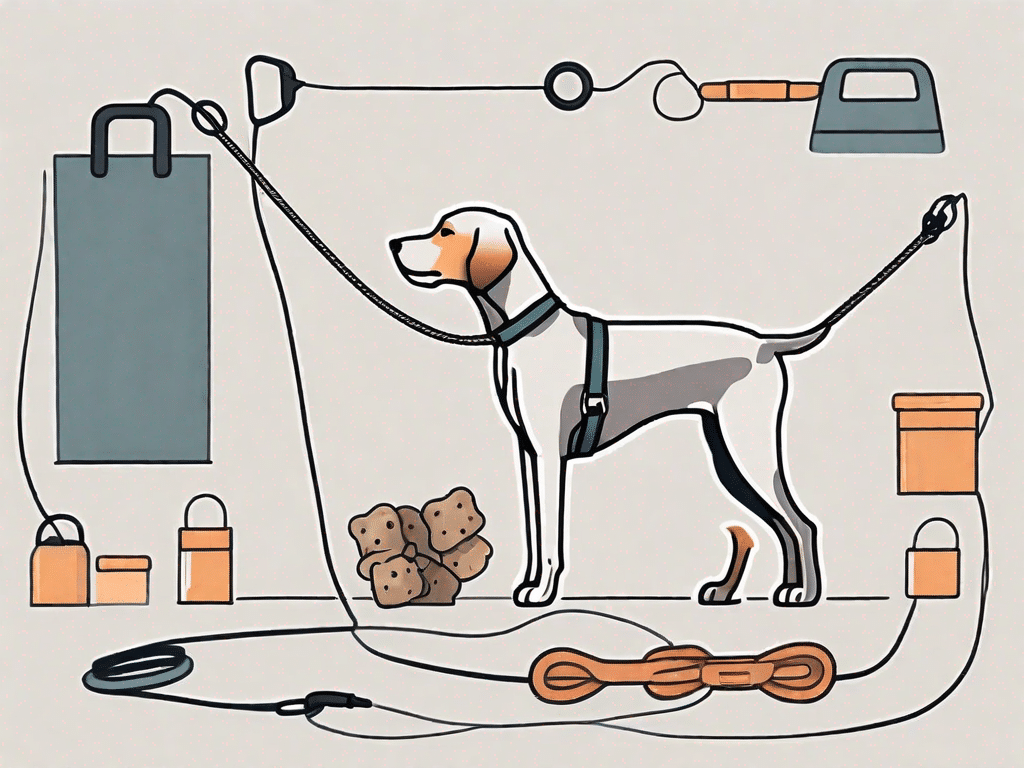 A dog pulling on a leash with various training tools like a harness