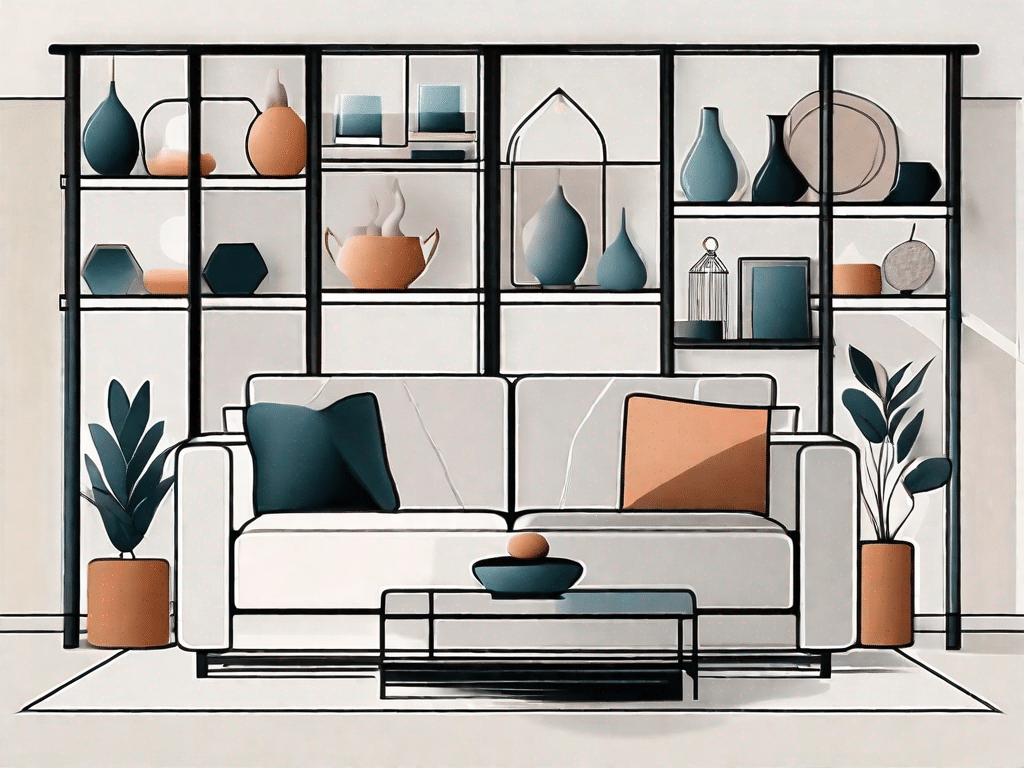 A sleek and stylish wohnzimmer (living room) featuring creative and unique shelf designs filled with various decorative items