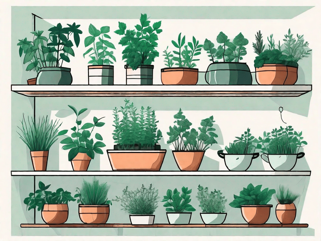 A variety of herbs growing in different indoor settings such as a small garden