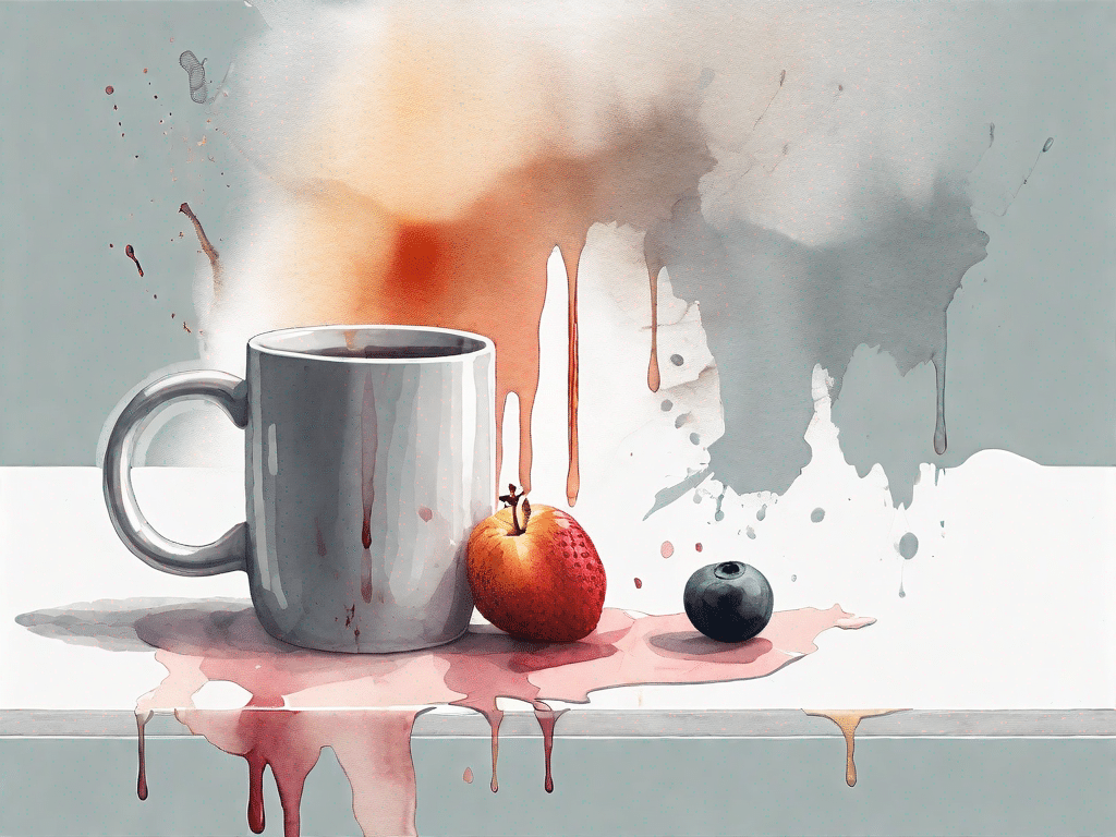 A steaming mug of hot water placed next to a piece of fabric with fruit stains