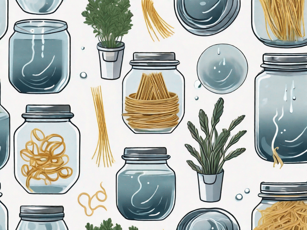 Several pasta shapes floating in a jar of water