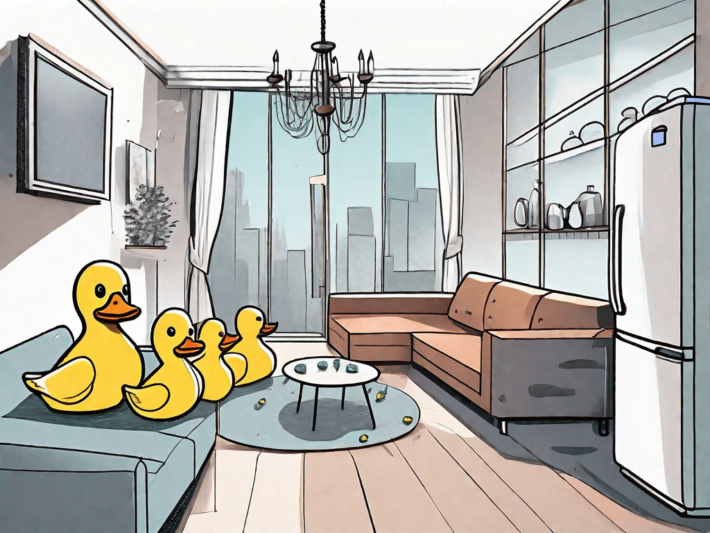 A cluttered apartment with eccentric items like a bathtub filled with rubber ducks