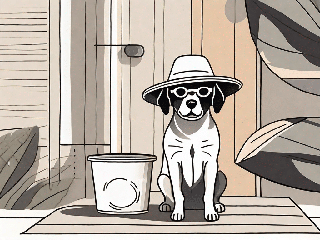 A dog under a shaded area with a water bowl