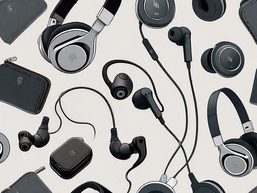 Several different styles of in-ear bluetooth headphones scattered on a table