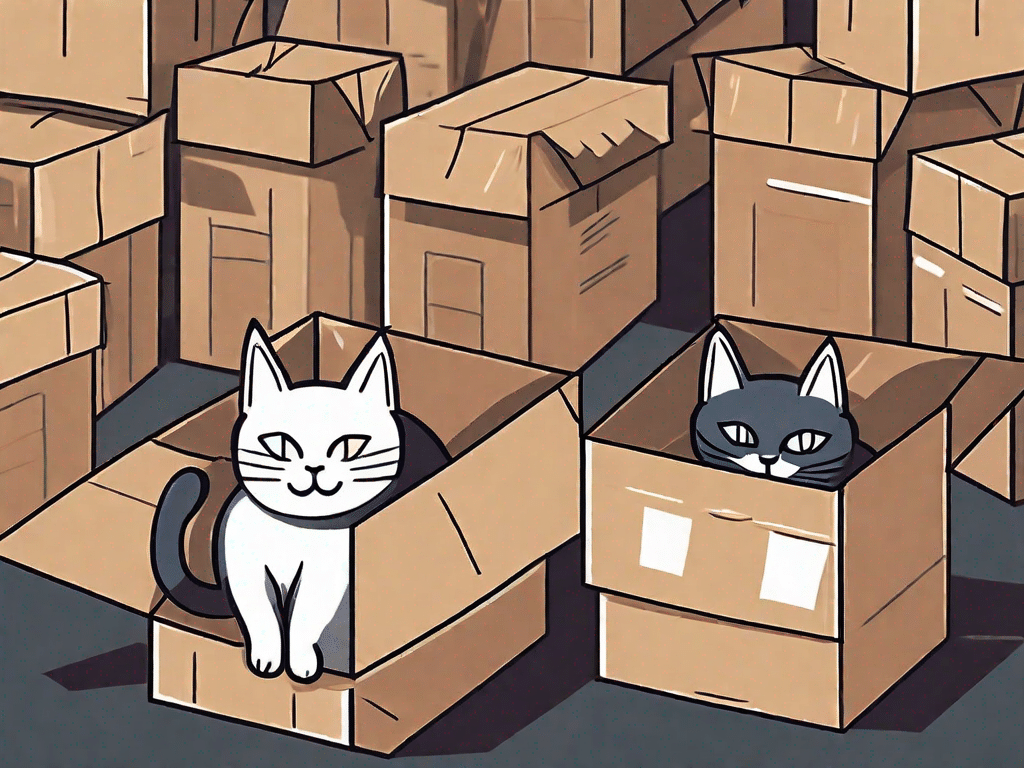 A couple of cats lounging happily inside variously sized cardboard boxes