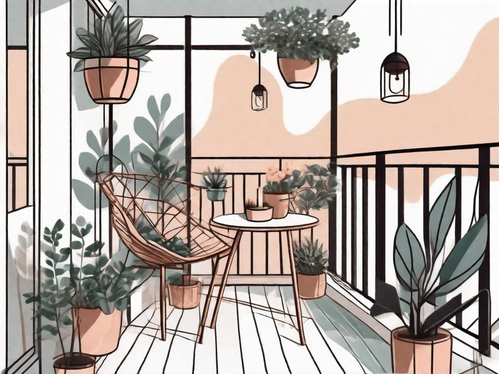 A beautifully designed balcony with various elements like potted plants