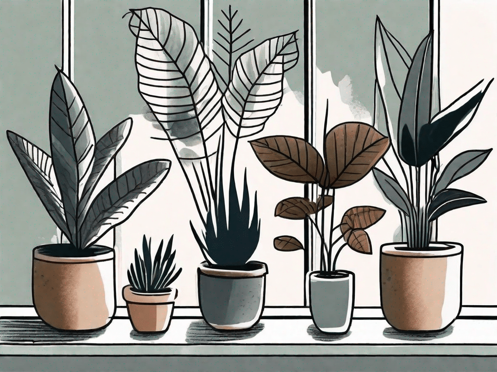 Six different indoor plants thriving in a dimly lit