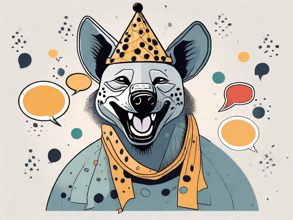 A laughing hyena wearing a jester hat