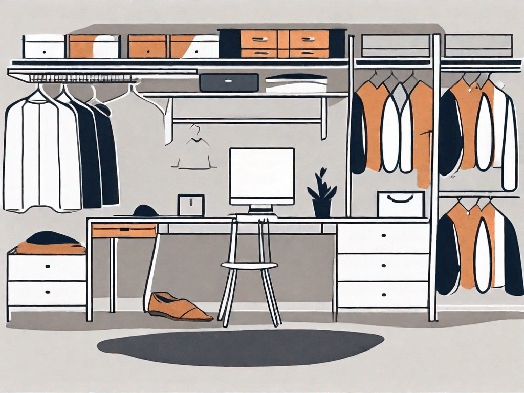 A tidy bedroom featuring five different organizational tools such as a closet organizer