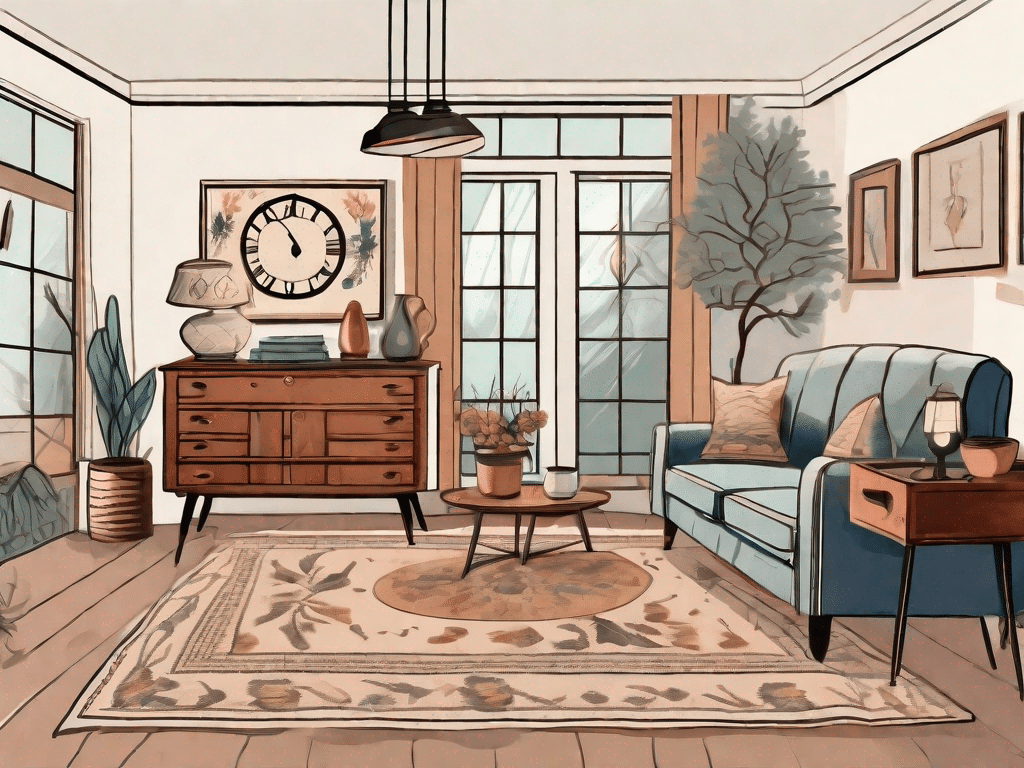 A cozy vintage living room filled with various flea market finds such as an antique clock