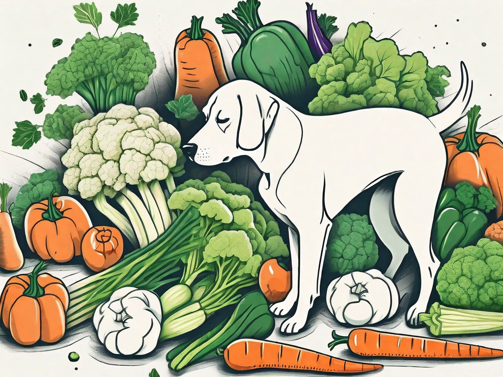 A variety of vegetables scattered around a curious dog who is sniffing one of them